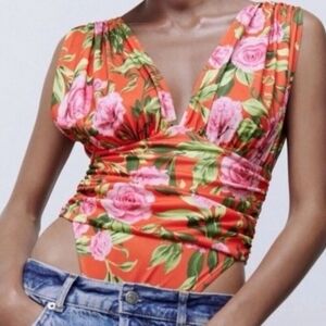 Zara Bodysuit Med Orange Floral Print High Cut Sleeveless Summer Beach Vacation